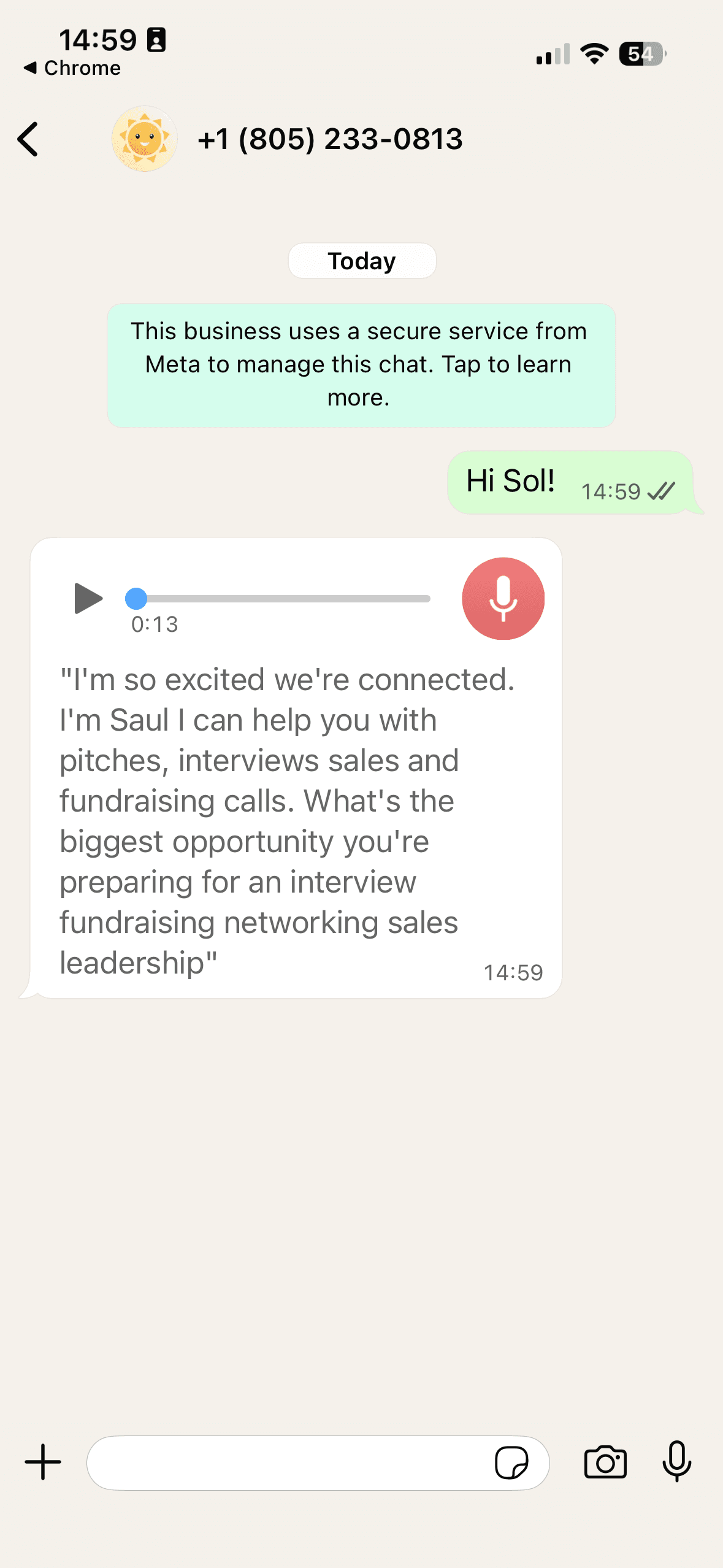 WhatsApp chat showing the sent “Hi Sol!” message with Sol's voice-note reply underneath, including WhatsApp's automatic transcript of the voice note