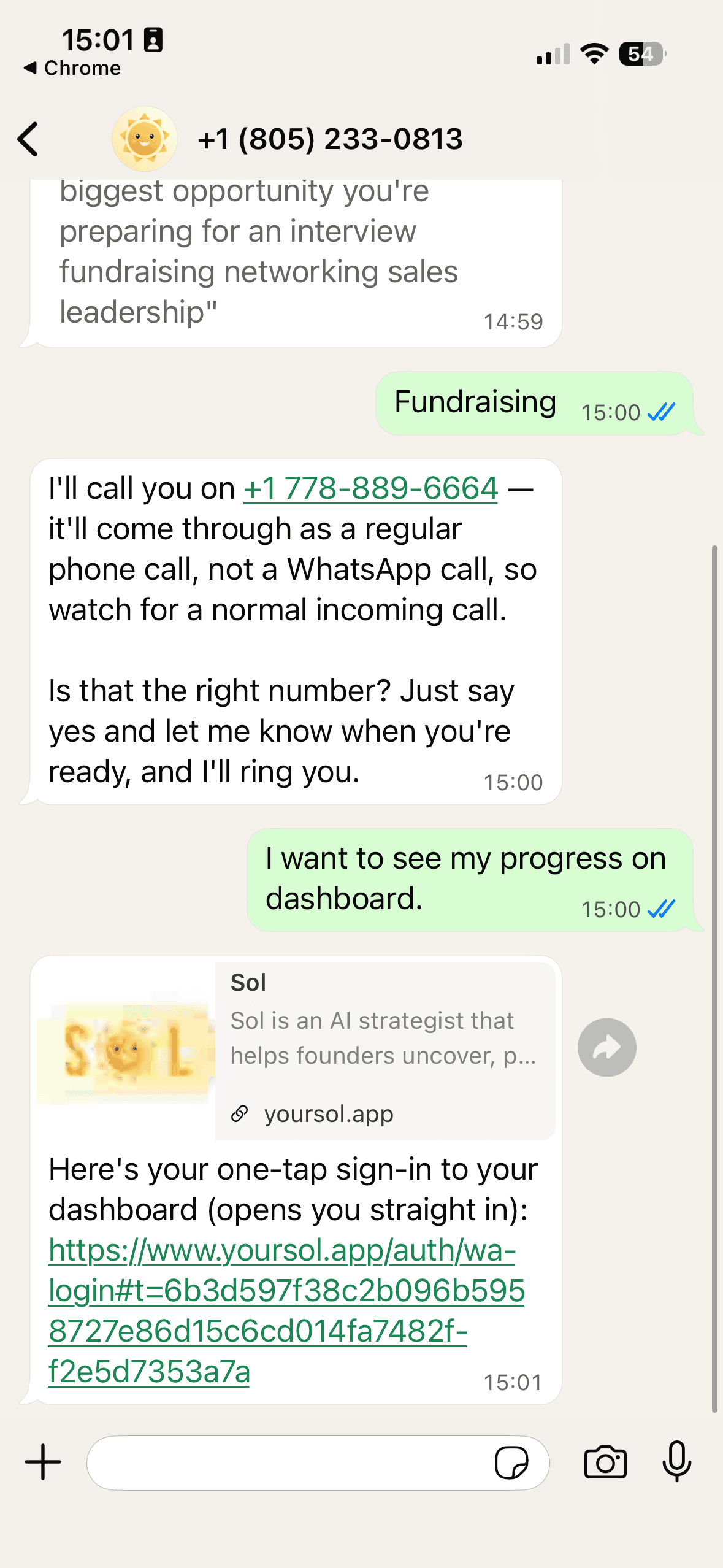 WhatsApp chat where the user asked to see their progress on the web and Sol replied with a one-tap sign-in link, shown as a link-preview card for yoursol.app
